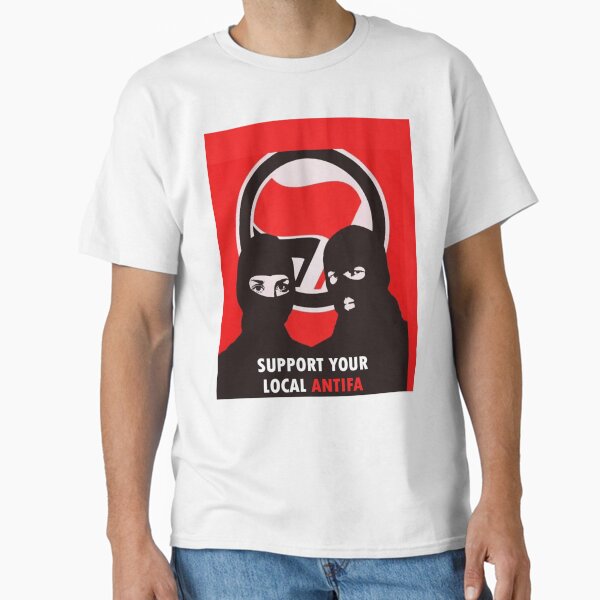 Vista previa del artículo con la obra «Apoye a su Antifa local: gráfico de acción antifascista», diseñado y vendido por ScienTeeshirt.