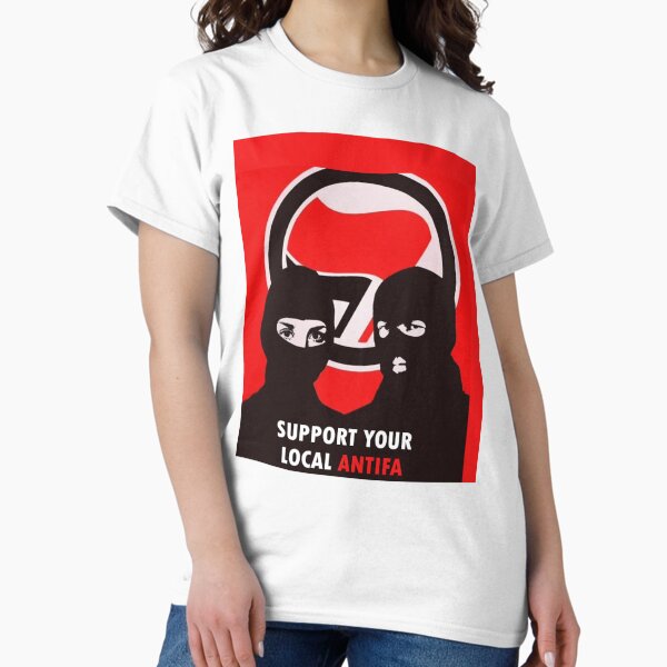 Vista previa del artículo con la obra «Apoye a su Antifa local: gráfico de acción antifascista», diseñado y vendido por ScienTeeshirt.