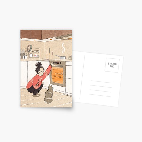 Brownie time! - digital illustration - girl in sweater and her grey cat in the kitchen Postcard