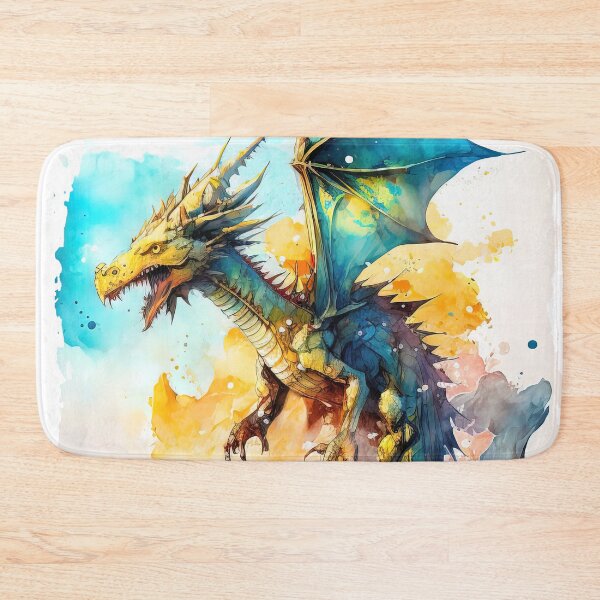 Artikelvorschau, Aquarell fliegender Drache, blaue und gelbe Farben, Cartoon-Stil entworfen und verkauft von MoonFoxDesign.