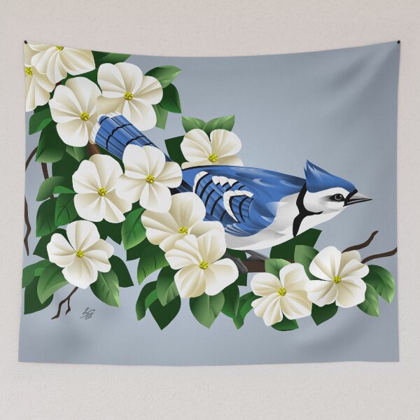 Item preview, Blue Jay Perched flowering Dogwood Tree designed and sold by studioart.