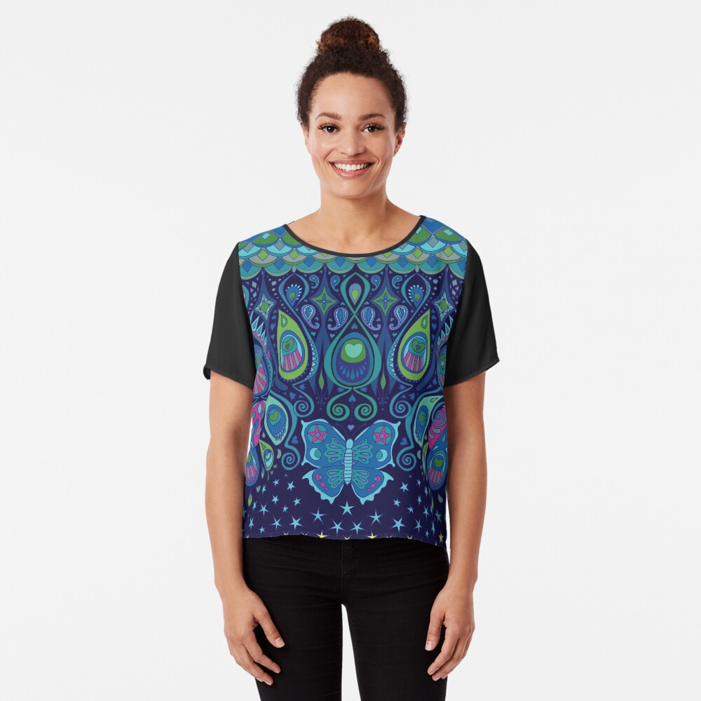 Midnight Butterflies - Peacock - Bohemian pattern by Cecca Designs Chiffon Top