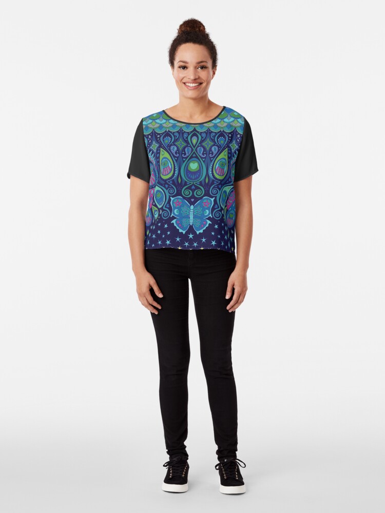Alternate view of Midnight Butterflies - Peacock - Bohemian pattern by Cecca Designs Chiffon Top