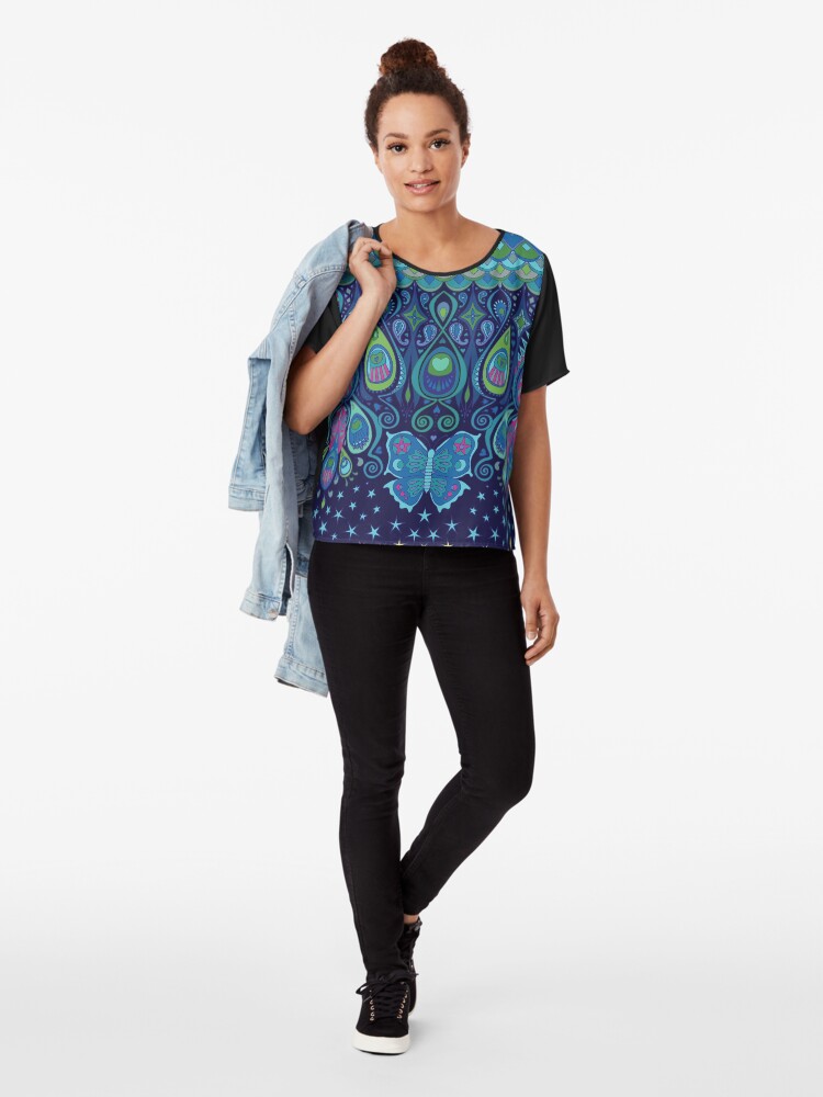 Alternate view of Midnight Butterflies - Peacock - Bohemian pattern by Cecca Designs Chiffon Top