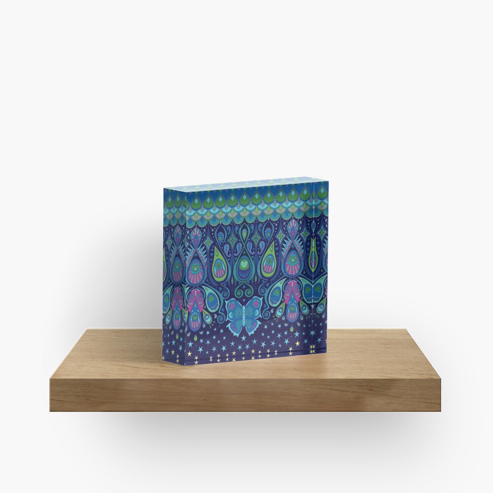 Midnight Butterflies - Peacock - Bohemian pattern by Cecca Designs Acrylic Block
