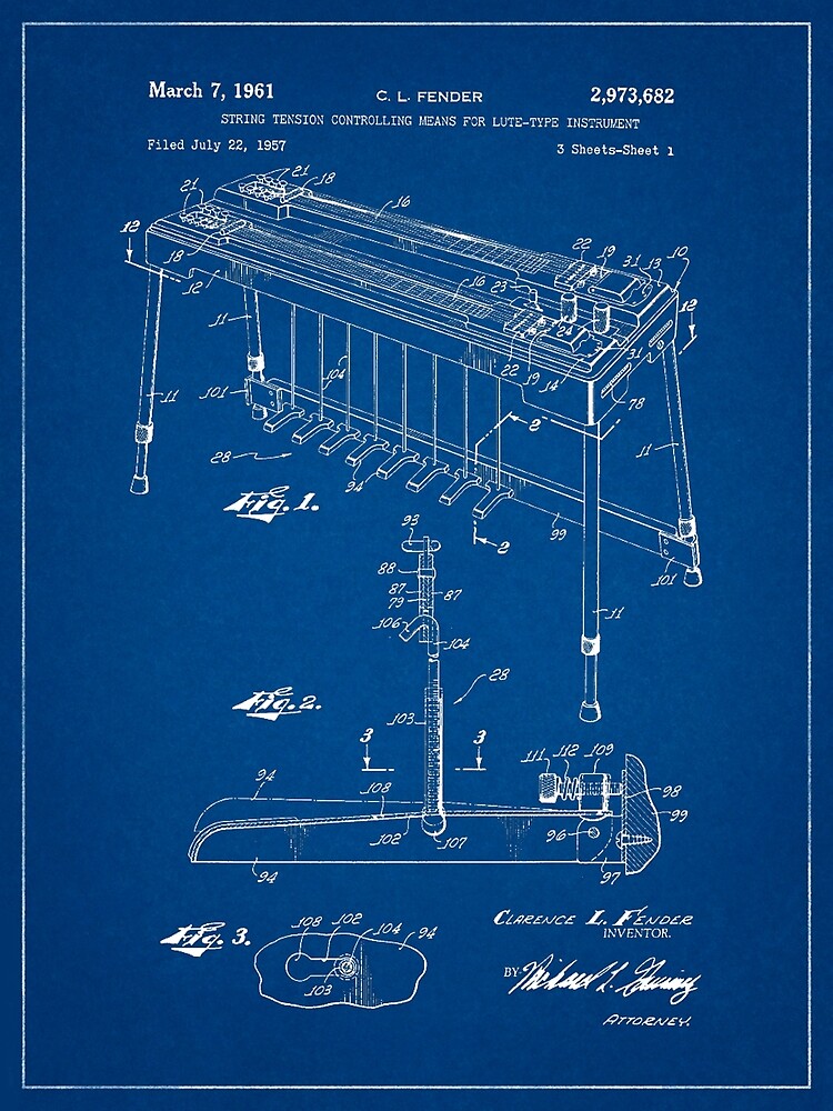 "Fender Pedal Steel Guitar Patent Drawing" Metal Print for Sale by