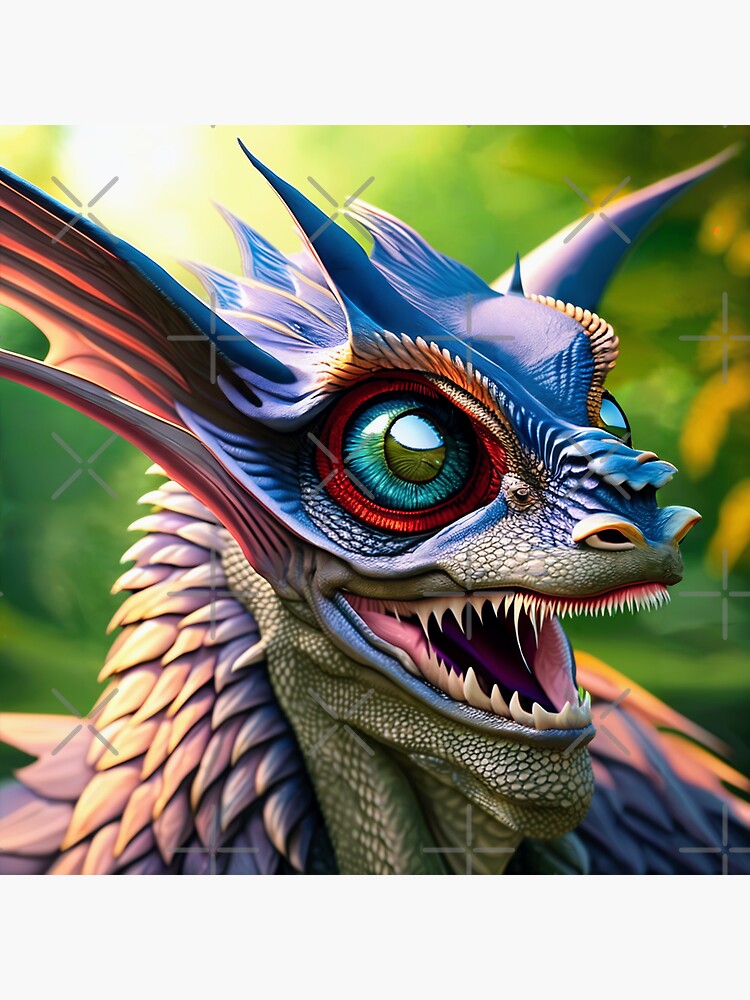 Thumbnail 3 of 3, Sticker, Crazy Blue Scaled Jungle Dragon with Big Eyes designed and sold by dragynrain.