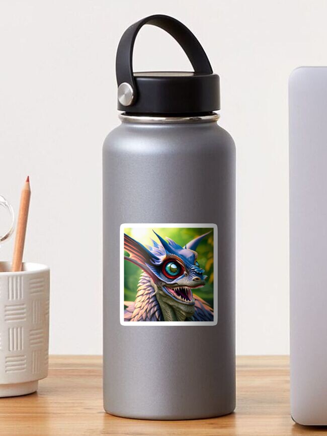 Thumbnail 1 of 3, Sticker, Crazy Blue Scaled Jungle Dragon with Big Eyes designed and sold by dragynrain.