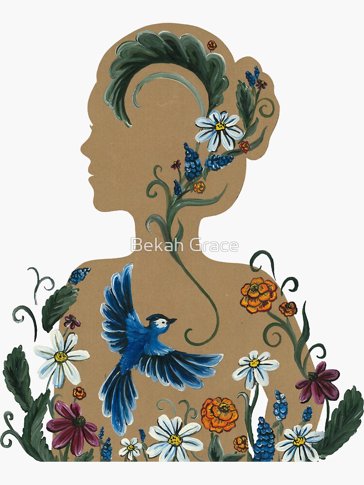 Thumbnail 3 of 3, Sticker, The Beauty Within - Floral Silhouette with Bluejay designed and sold by Bekah-Grace.