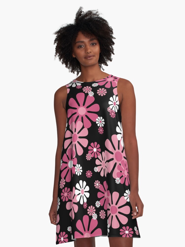 Thumbnail 1 of 4, A-Line Dress, 1960's Retro Flowers in Pink and White - Mod Abstract designed and sold by MellowCat.