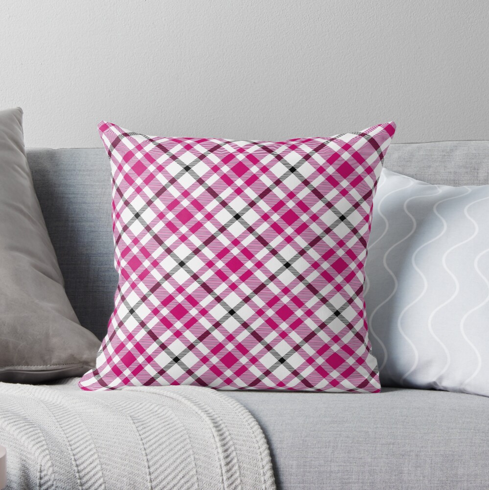 Pink Black and White Tartan Throw Pillow