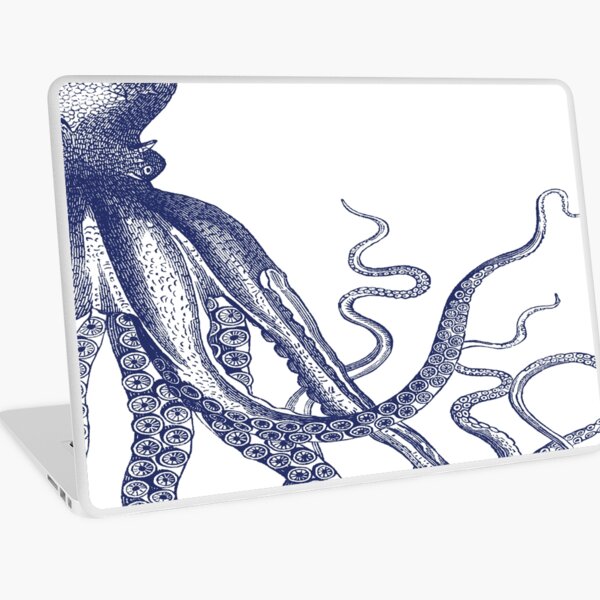 Half Octopus | Right Side | Vintage Octopus | Tentacles | Sea Creatures | Nautical | Ocean | Sea | Beach | Diptych | Navy Blue and White |   Laptop Skin