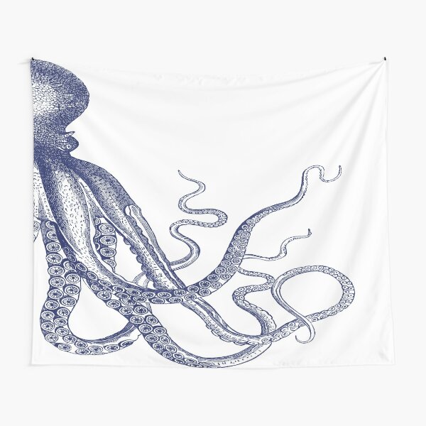Half Octopus | Right Side | Vintage Octopus | Tentacles | Sea Creatures | Nautical | Ocean | Sea | Beach | Diptych | Navy Blue and White |   Tapestry