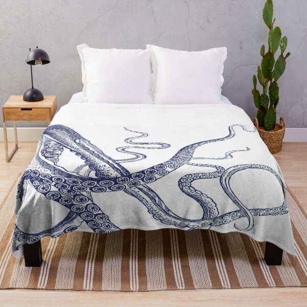 Half Octopus | Right Side | Vintage Octopus | Tentacles | Sea Creatures | Nautical | Ocean | Sea | Beach | Diptych | Navy Blue and White | Throw Blanket