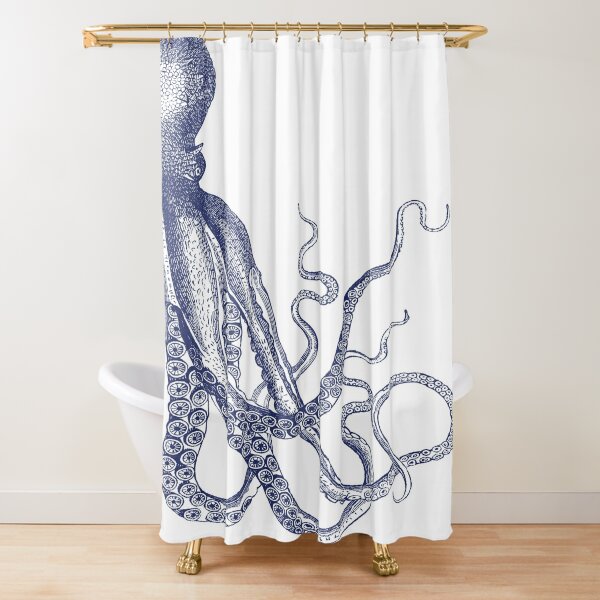 Half Octopus | Right Side | Vintage Octopus | Tentacles | Sea Creatures | Nautical | Ocean | Sea | Beach | Diptych | Navy Blue and White |   Shower Curtain