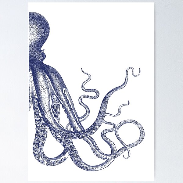 Half Octopus | Right Side | Vintage Octopus | Tentacles | Sea Creatures | Nautical | Ocean | Sea | Beach | Diptych | Navy Blue and White | Poster