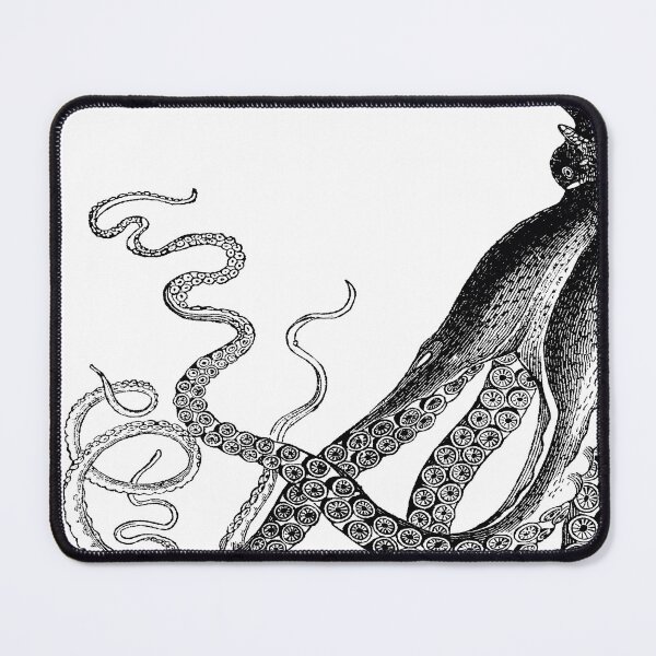 Half Octopus | Left Side | Vintage Octopus | Tentacles | Sea Creatures | Nautical | Ocean | Sea | Beach | Diptych | Black and White | Mouse Pad