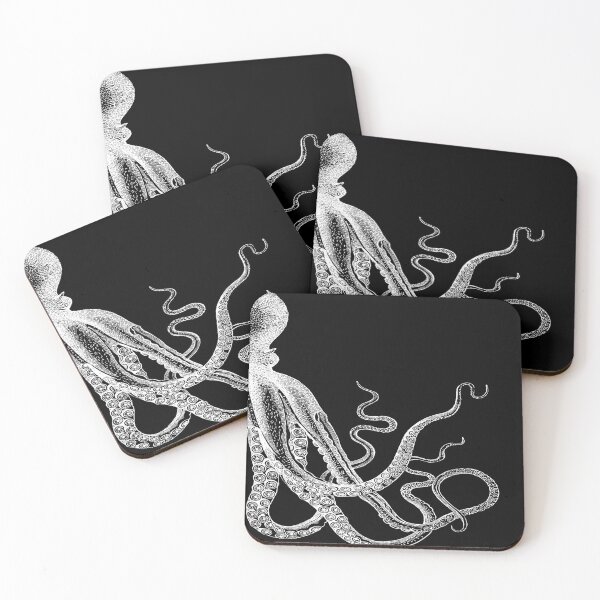 Half Octopus | Right Side | Vintage Octopus | Tentacles | Sea Creatures | Nautical | Ocean | Sea | Beach | Diptych | Black and White | Coasters (Set of 4)