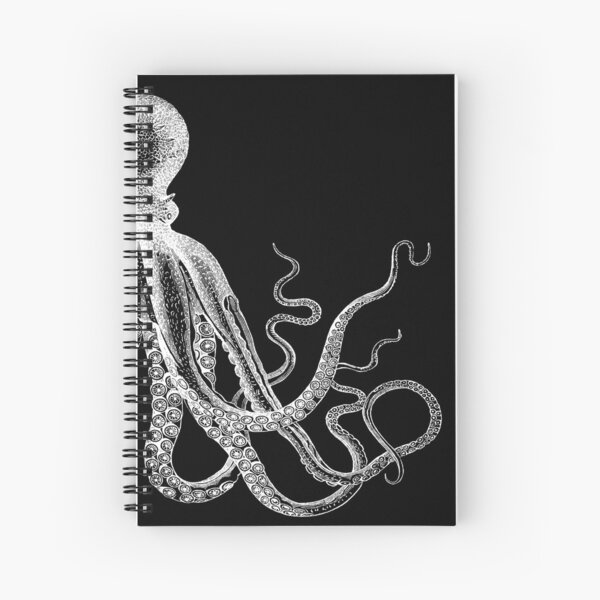 Half Octopus | Right Side | Vintage Octopus | Tentacles | Sea Creatures | Nautical | Ocean | Sea | Beach | Diptych | Black and White | Spiral Notebook