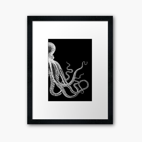 Half Octopus | Right Side | Vintage Octopus | Tentacles | Sea Creatures | Nautical | Ocean | Sea | Beach | Diptych | Black and White | Framed Art Print