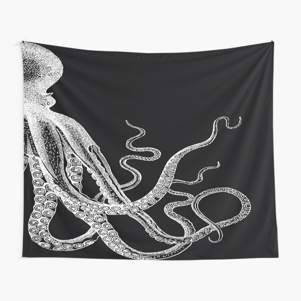 Half Octopus | Right Side | Vintage Octopus | Tentacles | Sea Creatures | Nautical | Ocean | Sea | Beach | Diptych | Black and White |   Tapestry