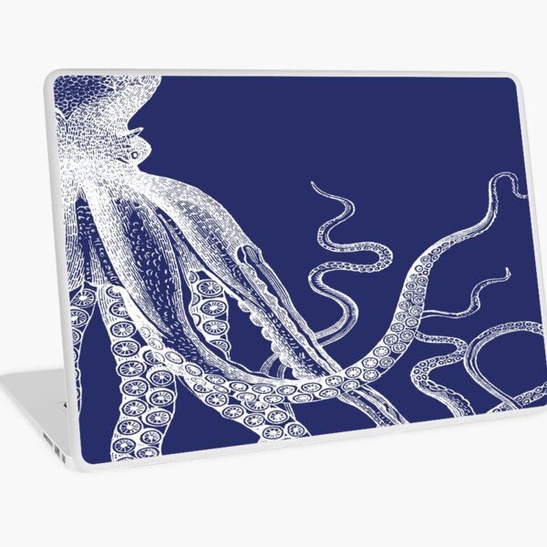 Half Octopus | Right Side | Vintage Octopus | Tentacles | Sea Creatures | Nautical | Ocean | Sea | Beach | Diptych | Navy Blue and White | Laptop Skin