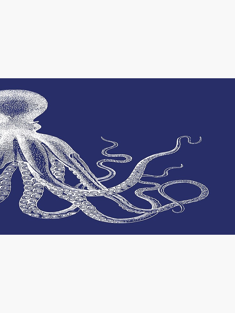 Discover Half Octopus | Right Side | Vintage Octopus | Tentacles | Sea Creatures | Nautical | Ocean | Sea | Beach | Diptych | Navy Blue and White | Bath Mat