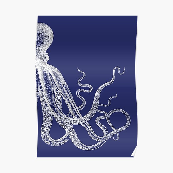 Half Octopus | Right Side | Vintage Octopus | Tentacles | Sea Creatures | Nautical | Ocean | Sea | Beach | Diptych | Navy Blue and White |  Poster