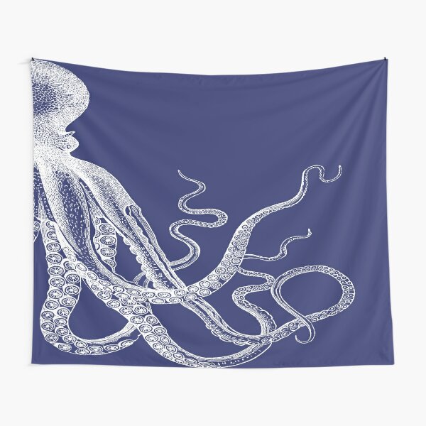 Half Octopus | Right Side | Vintage Octopus | Tentacles | Sea Creatures | Nautical | Ocean | Sea | Beach | Diptych | Navy Blue and White |  Tapestry