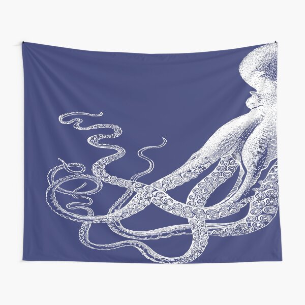 Half Octopus | Left Side | Vintage Octopus | Tentacles | Sea Creatures | Nautical | Ocean | Sea | Beach | Diptych | Navy Blue and White | Tapestry
