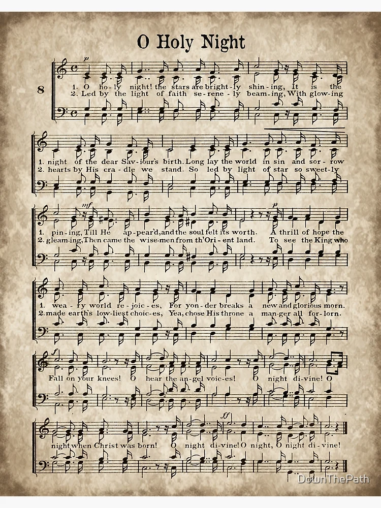 OH HOLY NIGHT - 11x14 Antique Hymn Art Print Vintage Verses Sheet Music  Natural Parchment Sepia Brown Ink O Night Divine Savior Lord Christ