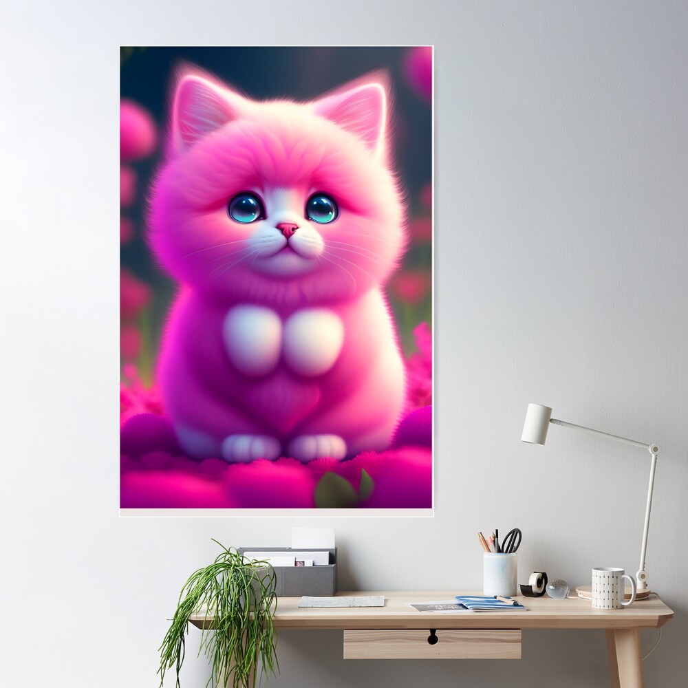 Fluffy Pink Cat - Modern Digital Art | Sticker