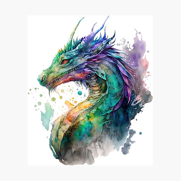 Colorful Fantasy Dragon in Watercolor Photographic Print