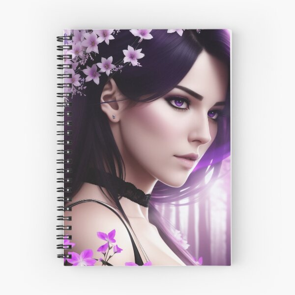 Aperçu de l'œuvre Belle femme aux longs cheveux noirs avec des fleurs violettes sur la tête dans une forêt violette créée et vendue par AlePosters.