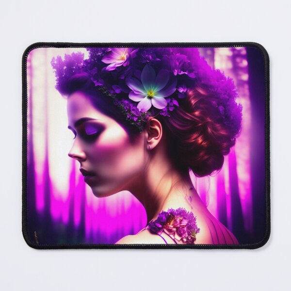 Aperçu de l'œuvre Superbe femme avec des fleurs violettes dans la tête, les yeux fermés dans une forêt violette, maquillage violet créée et vendue par AlePosters.
