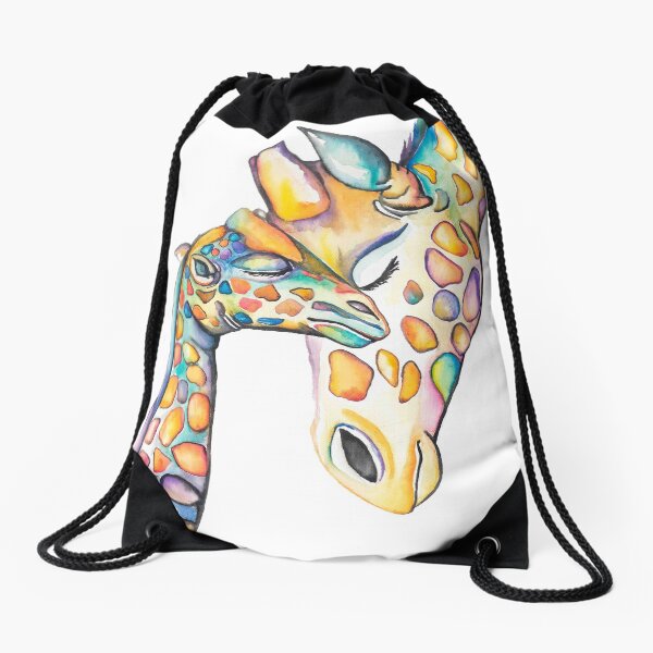 Cuddling Rainbow Giraffes Drawstring Bag