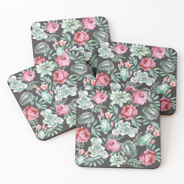 Item preview, Pink Roses and Succulent Cactus Pattern on Black    designed and sold by outsickme3.