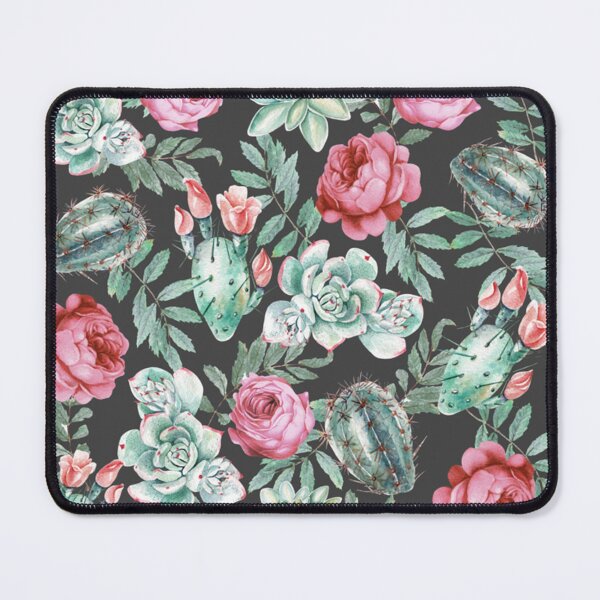 Item preview, Pink Roses and Succulent Cactus Pattern on Black    designed and sold by outsickme3.