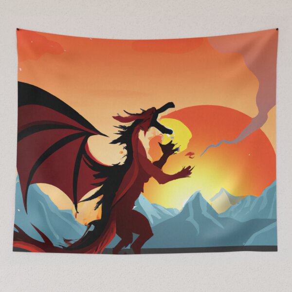 Item preview, Dragon's Blaze: a fierce dragon breathing fire on the backdrop of snowcapped mountains with a setting sun designed and sold by majnate.