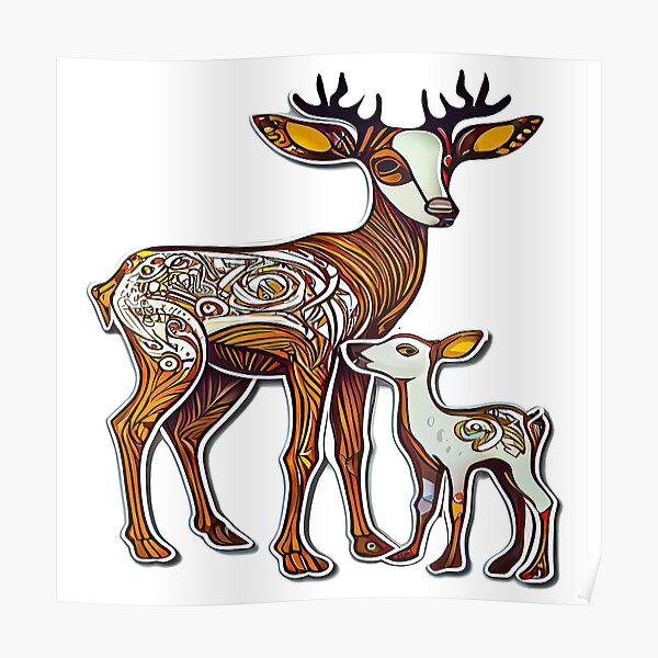 Full color deer design with baby deer Poster