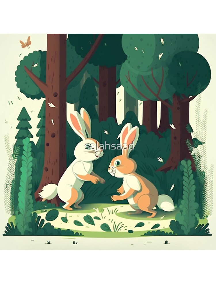 two rabbits, cartoon style, playing in a forest,