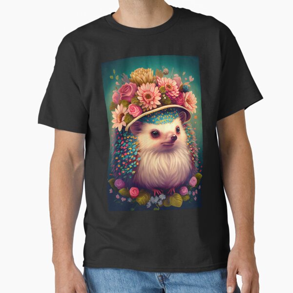 Lovely Hedgehog wearing a hat covered in flowers - Bohemian Illustration Style Classic T-Shirt