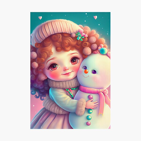 Sweet girl hugging a cute snowman - Winter Adventures Photographic Print