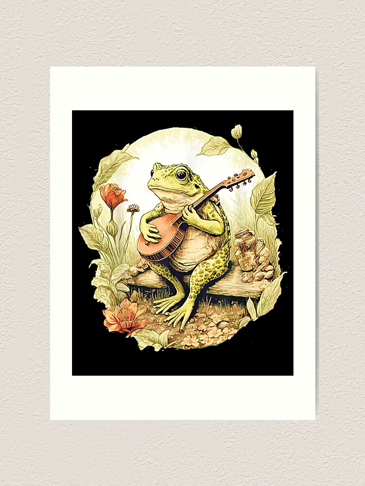 Frog Playing Banjo On Log, Funny Cottagecore Aesthetic Frog With