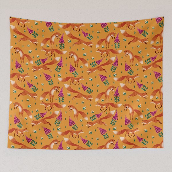 Item preview, Foxes, foxgloves and primroses (orange) designed and sold by Vicki Dunlop.