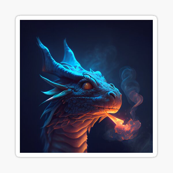Cute Dragon Close-up Portrait with Fire Breathing on Dark Blue Background Glossy Sticker