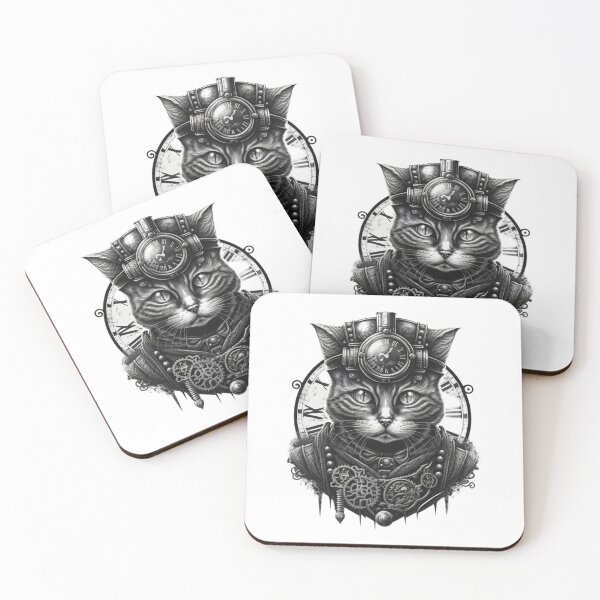Item preview, Steampunk Cat in Black and White designed and sold by Left-Hand-Tree.