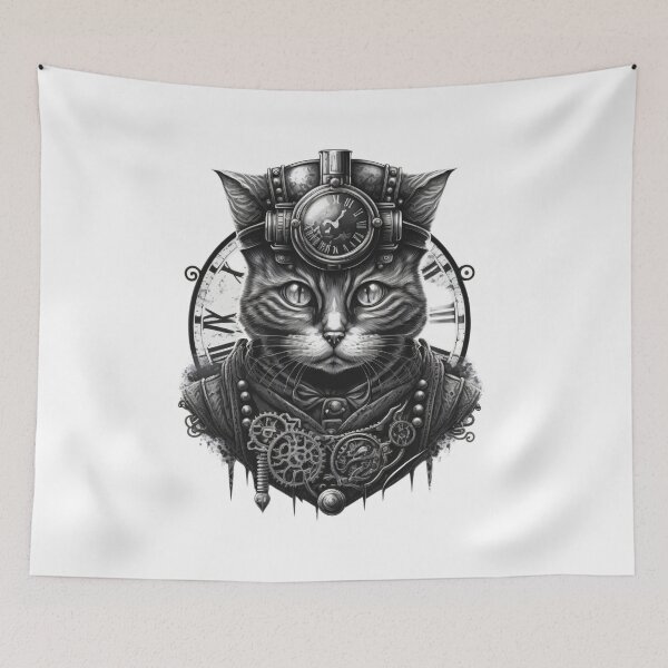 Item preview, Steampunk Cat in Black and White designed and sold by Left-Hand-Tree.
