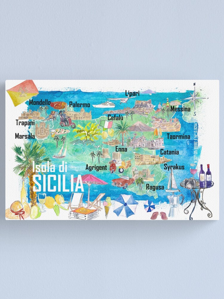 Impression sur toile for Sale avec l'œuvre « Carte de voyage illustrée  Sicile Italie avec routes et attractions touristiques » de l'artiste  artshop77