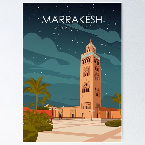 Vista previa del artículo con la obra «Cartel de viaje retro minimalista vintage de Marrakech Marruecos en la noche», diseñado y vendido por Stadify.